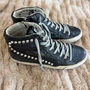 Golden Goose Slide Sneakers Black Leather Studded Zip High Top GGDB-SLIDE
